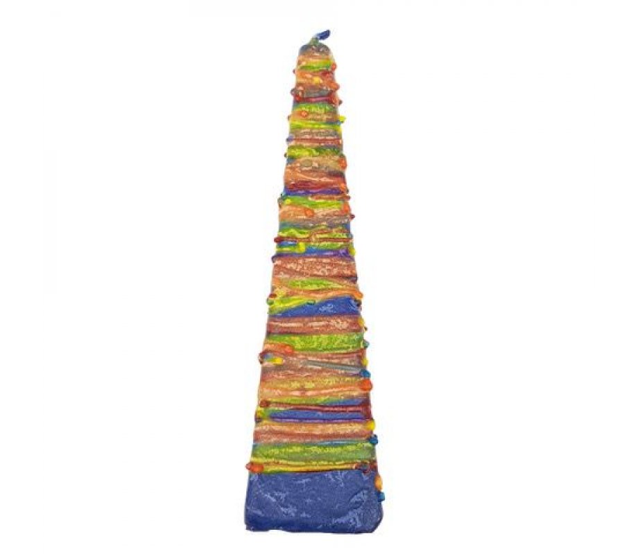 Handmade Pyramid Havdalah Candle, Blue with Colorful Wax Threads - Galilee Style
