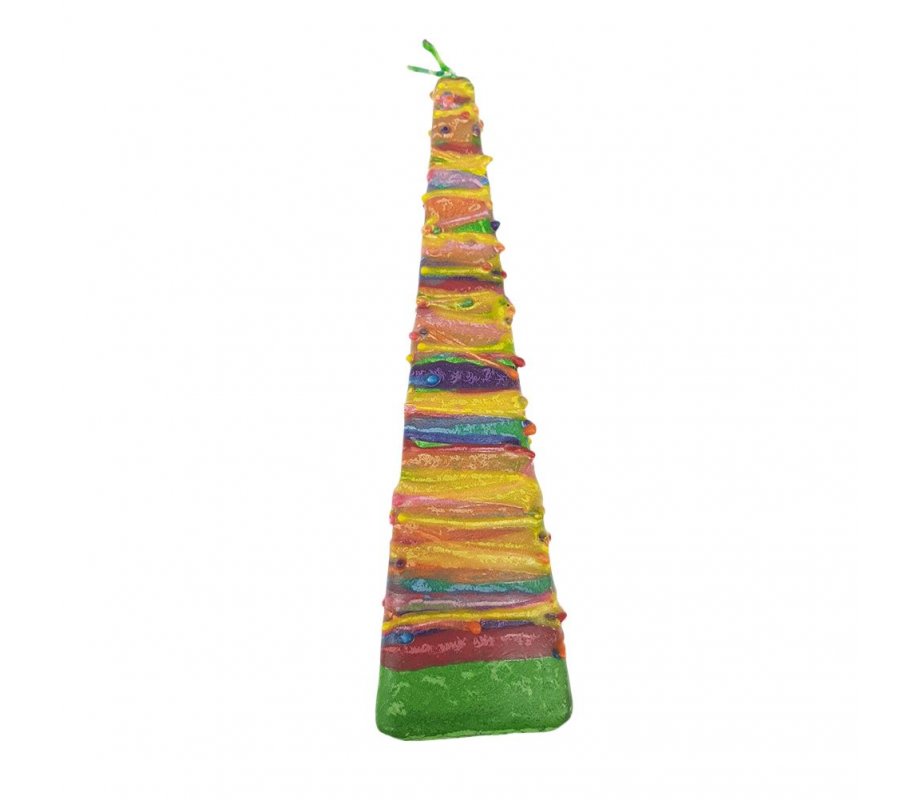Handmade Pyramid Havdalah Candle, Green with Colorful Wax Threads - Galilee Style
