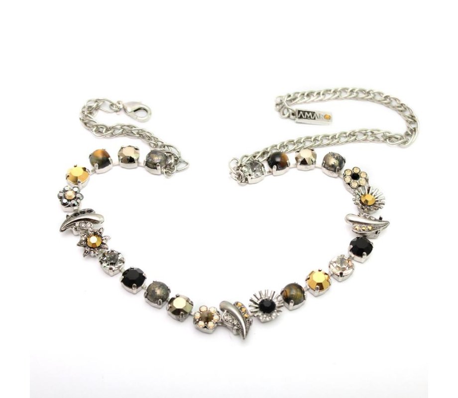 Handmade Silver Necklace, Black and Gold Flowers, From the Silver Collection - Amaro