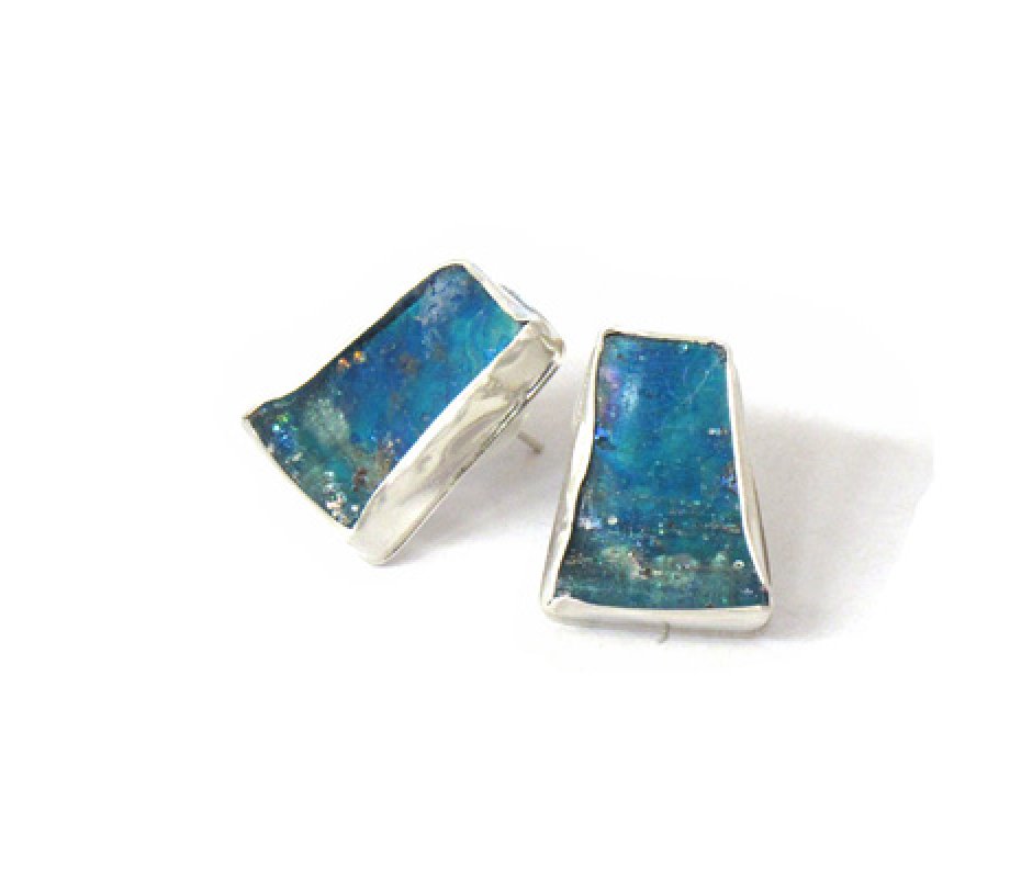Handmade Sterling Silver Stud Earrings, Rectangle with Roman Glass - Michal Kirat