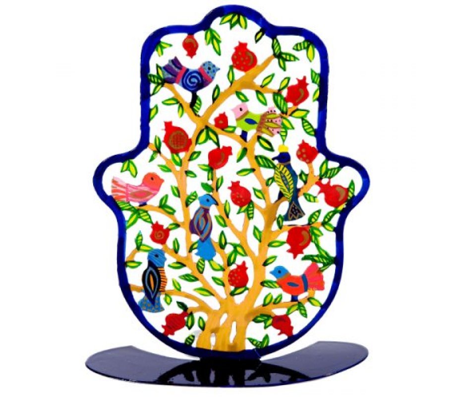 Hand-painted Hamsa on Stand, Gold Tree of Life with Pomegranates - Yair Emanuel