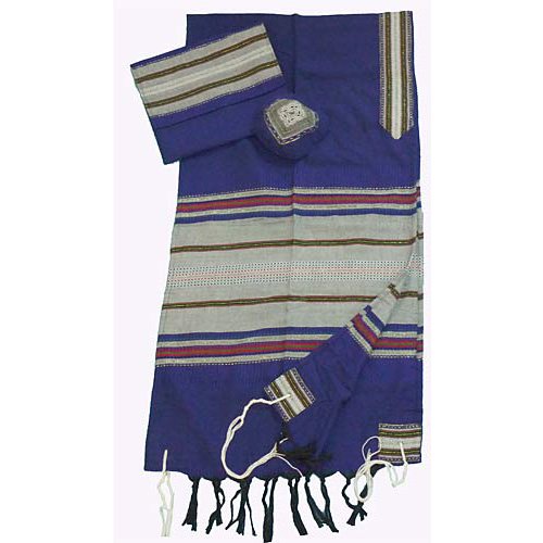 Handwoven Cotton Blue Tallit Prayer Shawl Set with Colored Stripes - Gabrieli