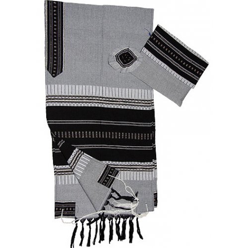 Handwoven Cotton Gray Prayer Shawl Set with Black and Silver Stripes - Gabrieli