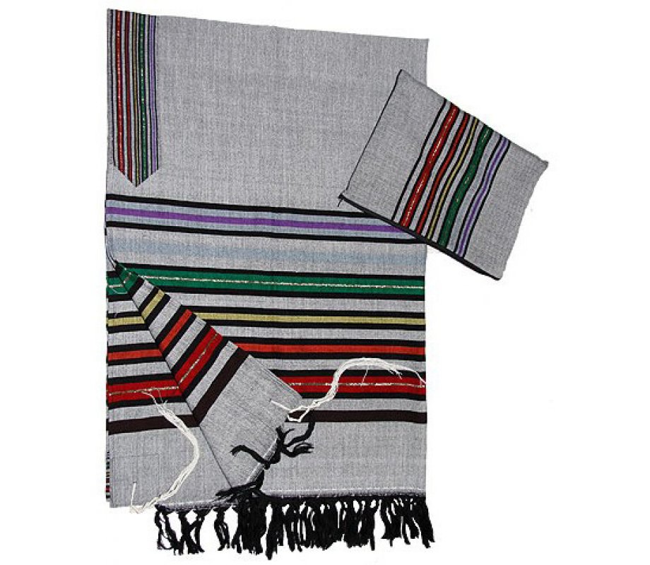 Handwoven Gray Cotton Prayer Shawl Set Joseph Colored Coat Design - Gabrieli