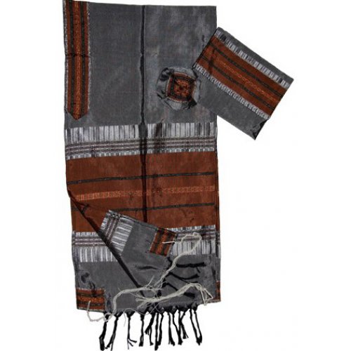 Handwoven Gray Silk Prayer Shawl Tallit Set Copper Colored Stripes - Gabrieli