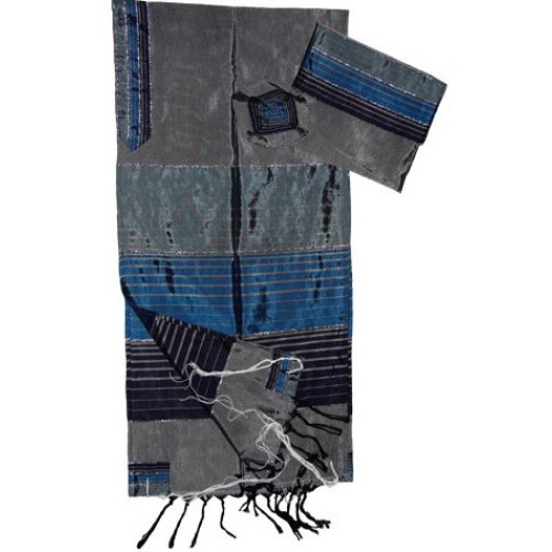 Handwoven Gray Silk Prayer Shawl Tallit Set Shades of Blue Stripes - Gabrieli