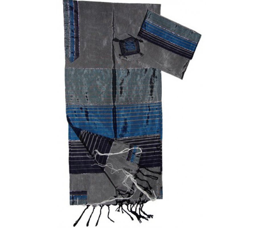 Handwoven Gray Silk Prayer Shawl Tallit Set Shades of Blue Stripes - Gabrieli