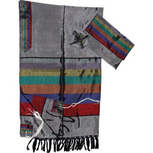 Handwoven Gray Silk Tallit Prayer Shawl Set with Multicolor Wide Stripes - Gabrieli