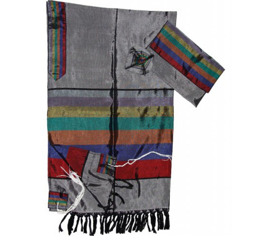 Handwoven Gray Silk Tallit Prayer Shawl Set with Multicolor Wide Stripes - Gabrieli