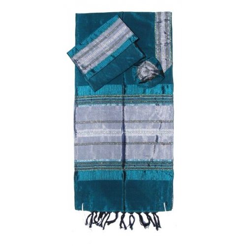 Handwoven Green Silk Tallit Prayer Shawl Set with Silver Stripes - Gabrieli