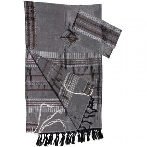 Handwoven Grey Silk Tallit Prayer Shawl Set with Silver Stripes - Gabrieli