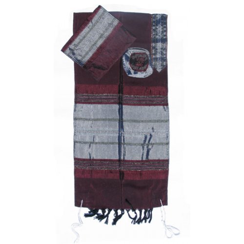 Handwoven Maroon Silk Prayer Shawl Tallit Set with Silver Stripes - Gabrieli