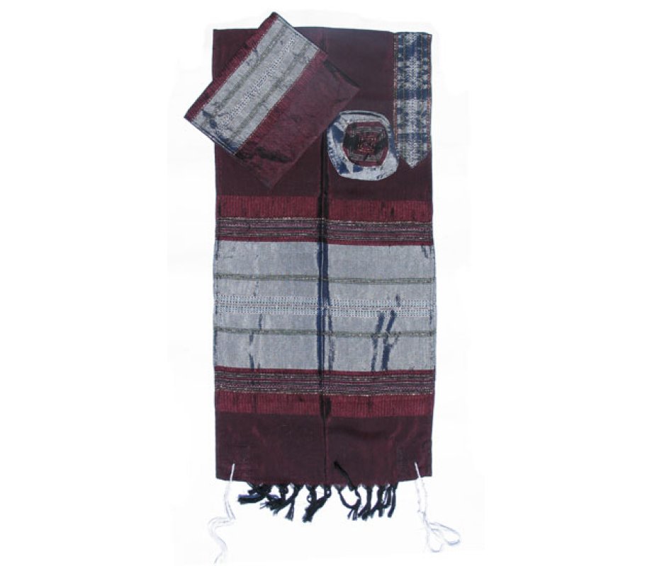 Handwoven Maroon Silk Prayer Shawl Tallit Set with Silver Stripes - Gabrieli