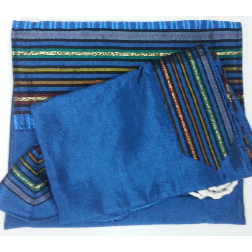 Handwoven Royal Blue Silk Tallit Set with Josephs Coat Stripes - Gabrieli