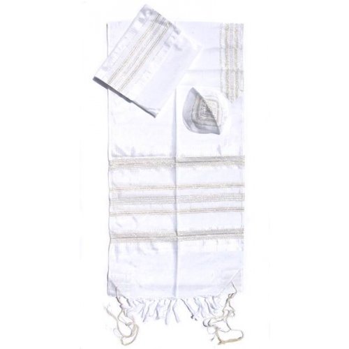 Handwoven Silk Prayer Shawl Set with Gold and Silver Stripes - Gabrieli