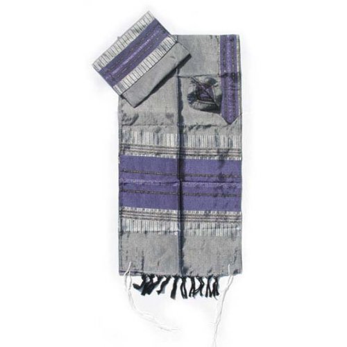 Handwoven Silk Prayer Shawl Set with Purple and Silver Stripes - Gabrieli