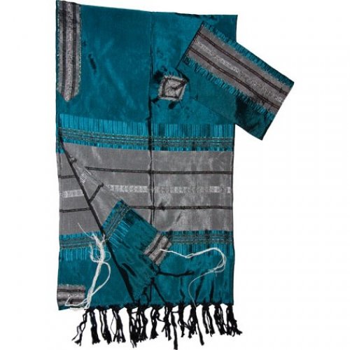 Handwoven Silk Prayer Shawl Tallit Set, Teal Blue and Silver Stripes - Gabrieli