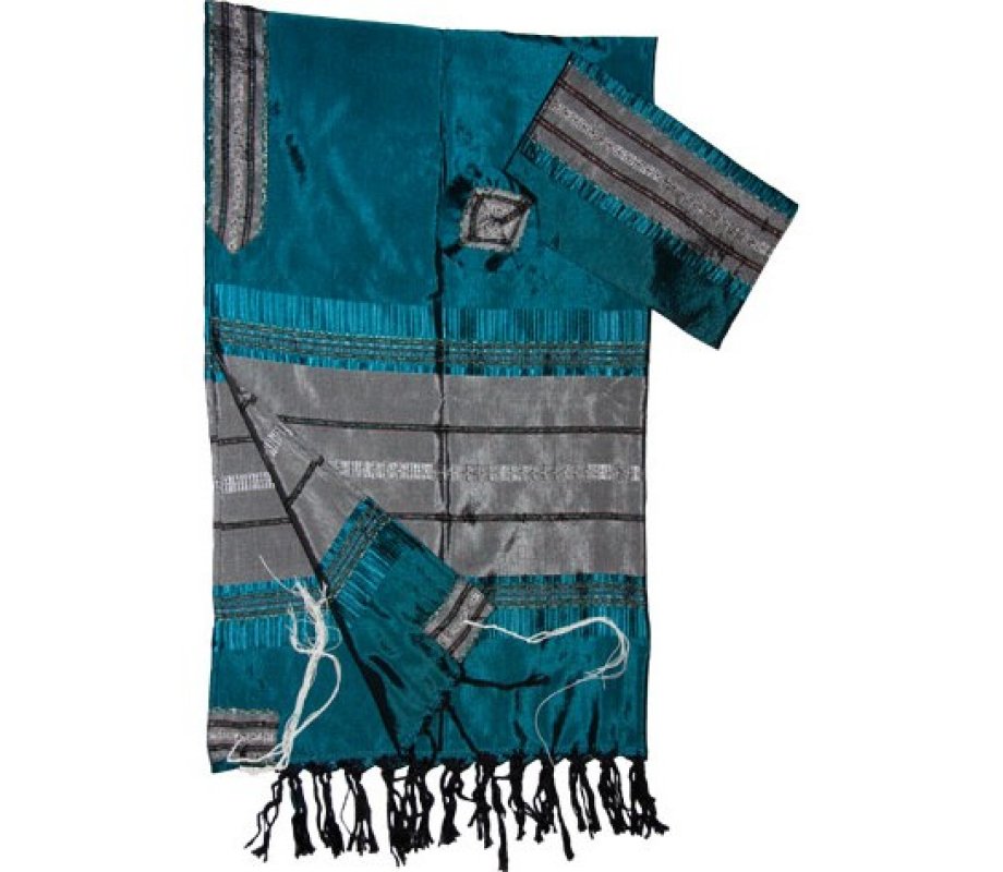 Handwoven Silk Prayer Shawl Tallit Set, Teal Blue and Silver Stripes - Gabrieli