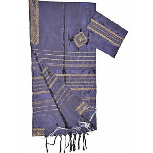 Handwoven Silk Violet Prayer Shawl Tallit Set with Gold Stripes - Gabrieli