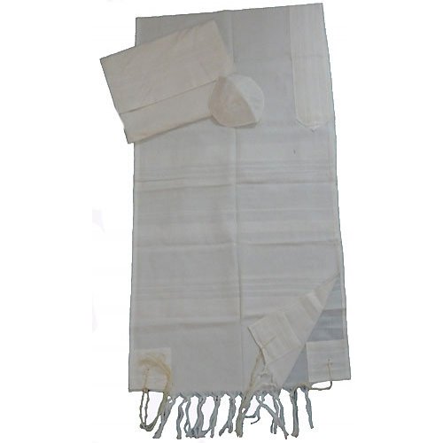 Handwoven White Cotton Prayer Shawl Set - Gabrieli