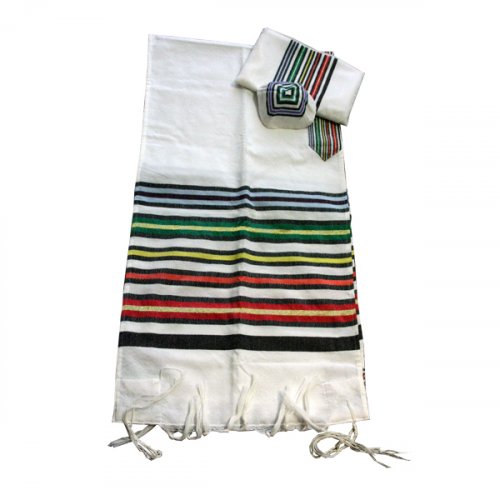 Handwoven White Prayer Shawl Set with Multicolor Joseph Coat Design - Gabrieli