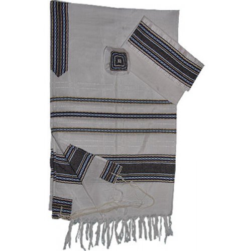 Handwoven White Silk Prayer Shawl Set with Blue and Gold Stripes - Gabrieli