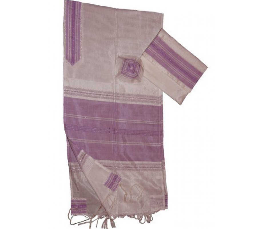 Handwoven White Silk Tallit Prayer Shawl Set with Fuchsia Stripes - Gabrieli