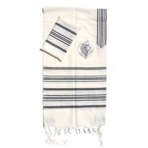 Handwoven White Wool Prayer Shawl Set with Black Stripes - Gabrieli