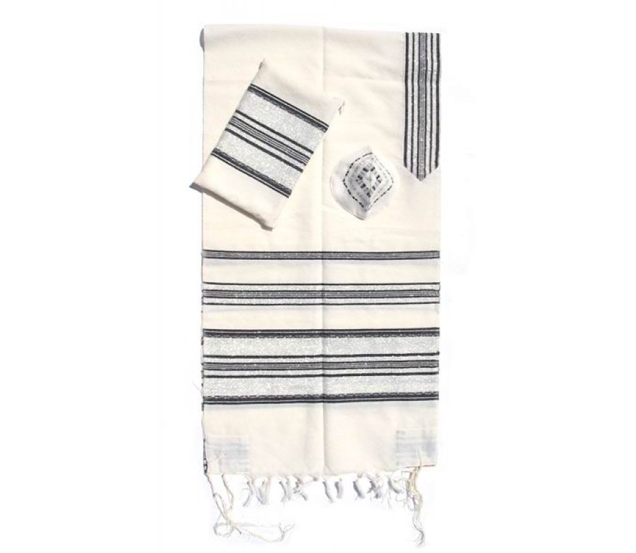 Handwoven White Wool Prayer Shawl Set with Black Stripes - Gabrieli