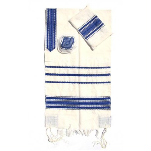 Handwoven White Wool Prayer Shawl Set with blue Stripes - Gabrieli