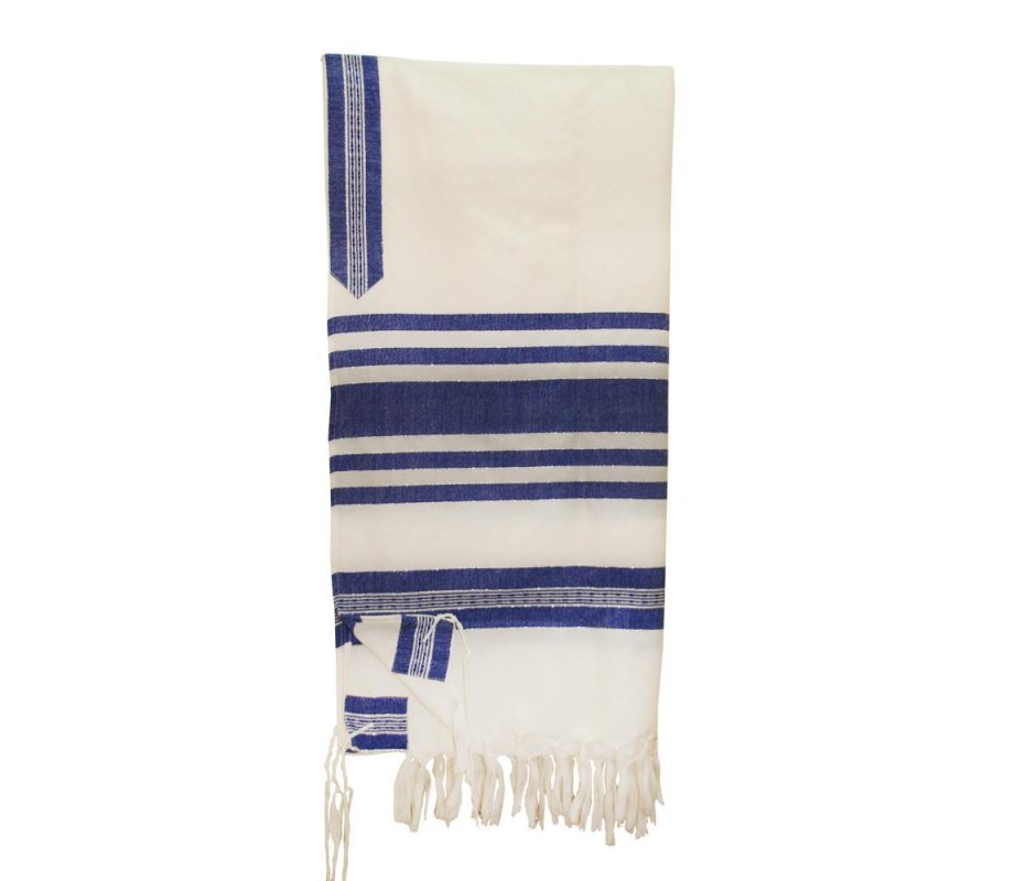 Handwoven White Wool Tallit Set with Blue and Silver Stripes - Gabrieli
