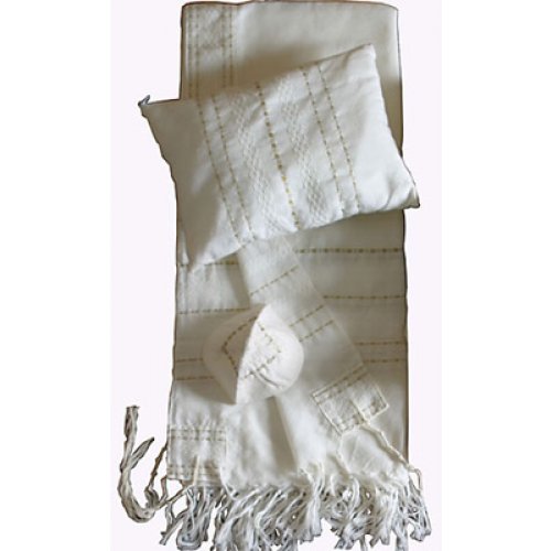 Handwoven White Wool Tallit Set with Gold Stripes - Gabrieli