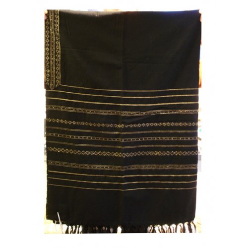 Handwoven Wool Prayer Shawl Set, Black with Gold Stripes - Gabrieli