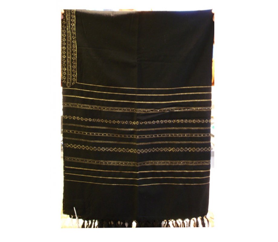 Handwoven Wool Prayer Shawl Set, Black with Gold Stripes - Gabrieli