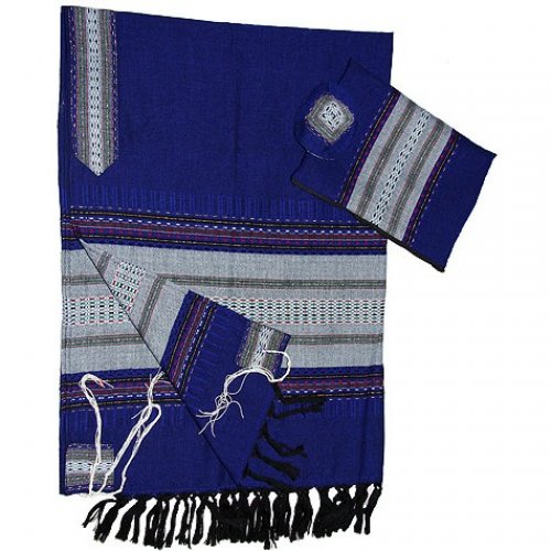Handwoven Wool Prayer Shawl Tallit Set Royal Blue with Gray Stripes - Gabrieli