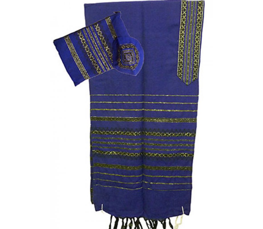 Handwoven Wool Royal Blue Prayer Shawl Set Black and Gold stripes - Gabrieli