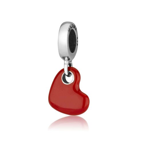 Hanging Red Heart Bracelet Charm - Sterling Silver and Enamel