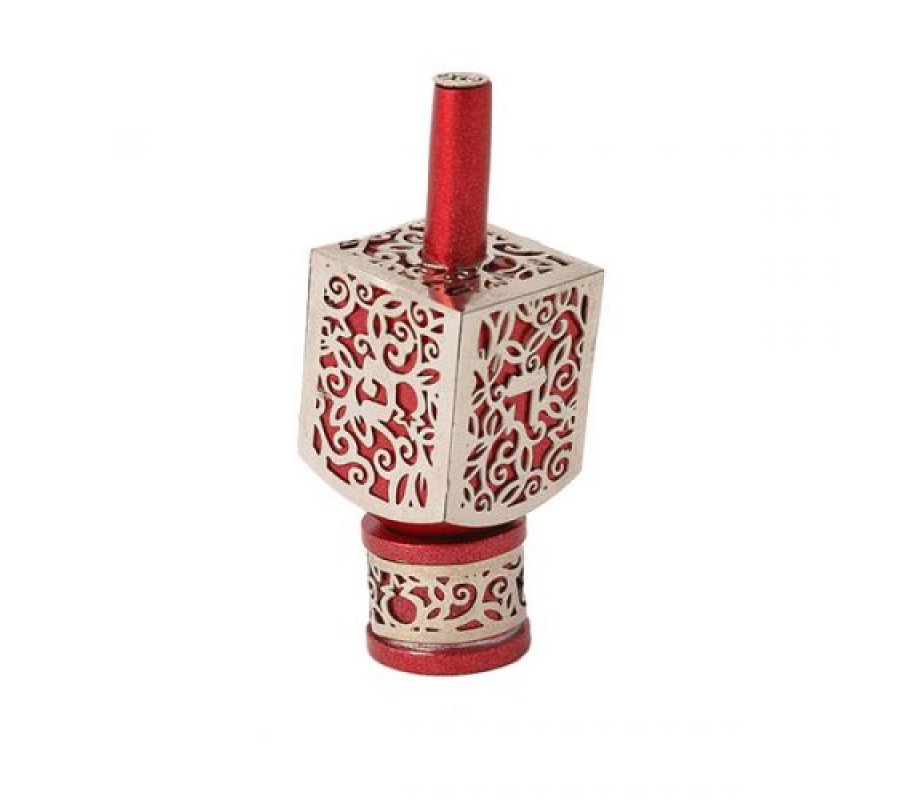 Hanukkah Dreidel on Stand Cutout Pomegranates, Silver on Red - Yair Emanuel