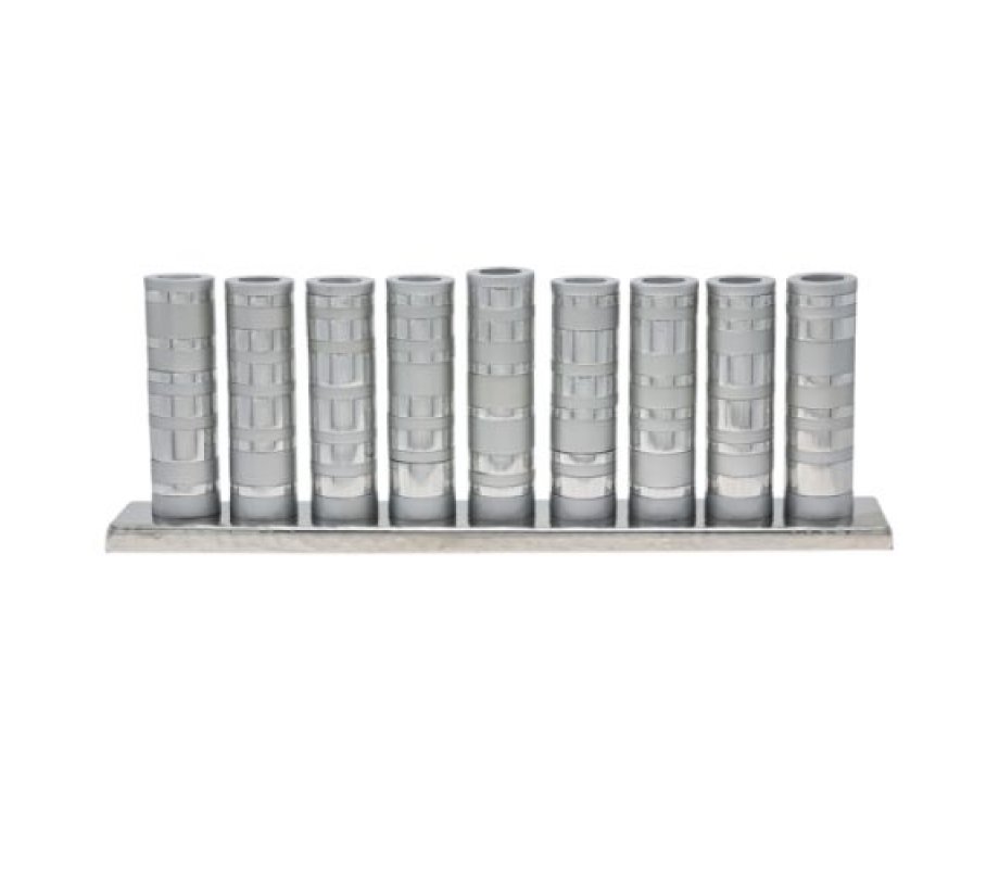 Hanukkah Menorah, Cylinder shapes with Silver Matte and Shiny Rings - Yair Emanuel