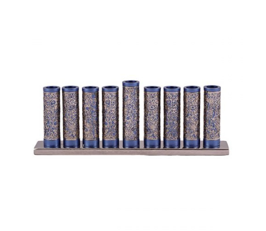 Hanukkah Menorah Cylinders with Pomegranate Cutouts, Blue - Yair Emanuel