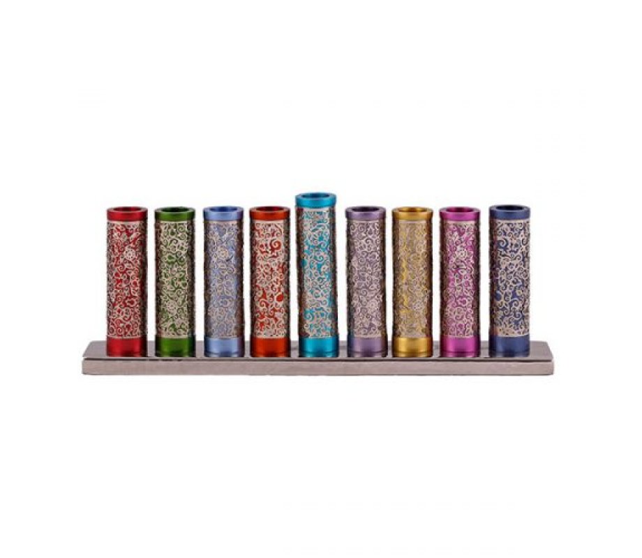 Hanukkah Menorah Cylinders with Pomegranate Cutouts, Multicolored - Yair Emanuel