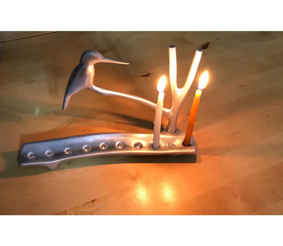 Hanukkah Menorah, Kingfisher Bird on Tree Branch - Shraga Landesman