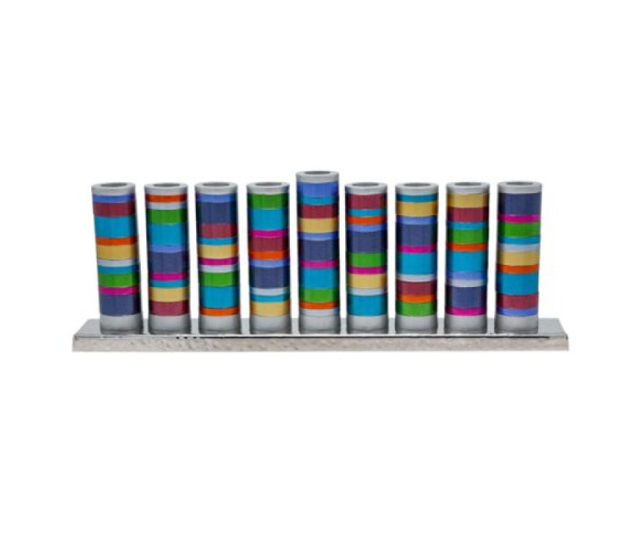 Hanukkah Menorah, Multicolored Cylinders with Rings - Yair Emanuel