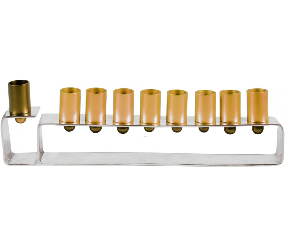 Hanukkah Menorah Silver Frame with Cylindrical Cups, Gold - Yair Emanuel