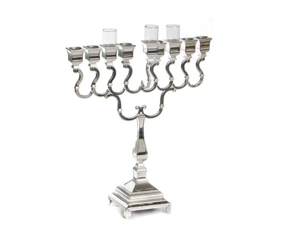 Hanukkah Menorah, Silver Plated Classic Square Design with Swirls - 14.9 height