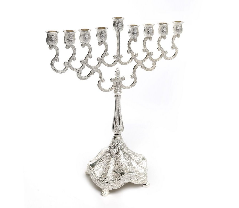 Hanukkah Menorah, Silver Plated with Curly Branches and Ornate base