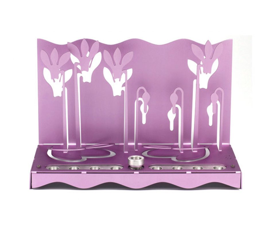 Hanukkah Menorah Slender Cyclamen Flowers, Violet - Shraga Landesman