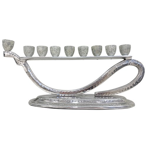 Hanukkah Menorah of Silver Hammered Aluminum, Snake Design - 14 Inches