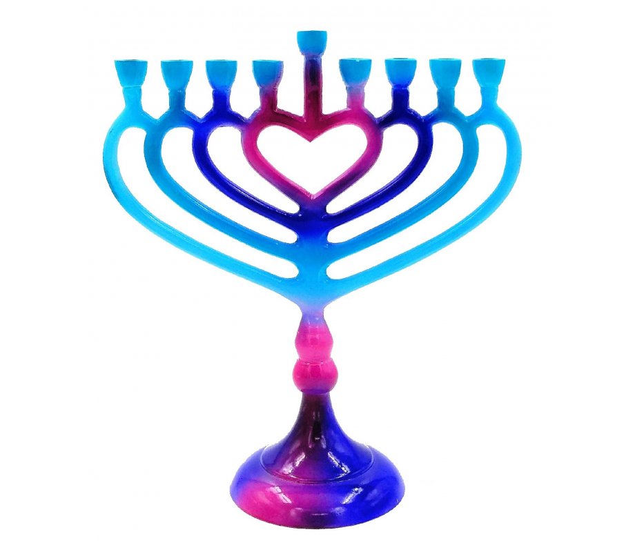 Hanukkah Menorah on Stem, Blue and Pink with Heart Image - For Candles