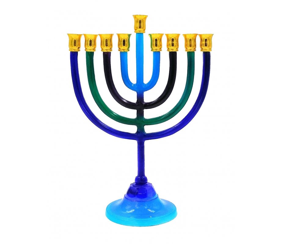 Hanukkah Menorah on Stem, Colored Blue Green & Black - For Candles